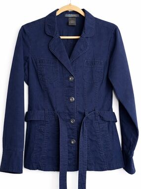 French Cuff Dark Blue Utility Jacket with Waist Tie